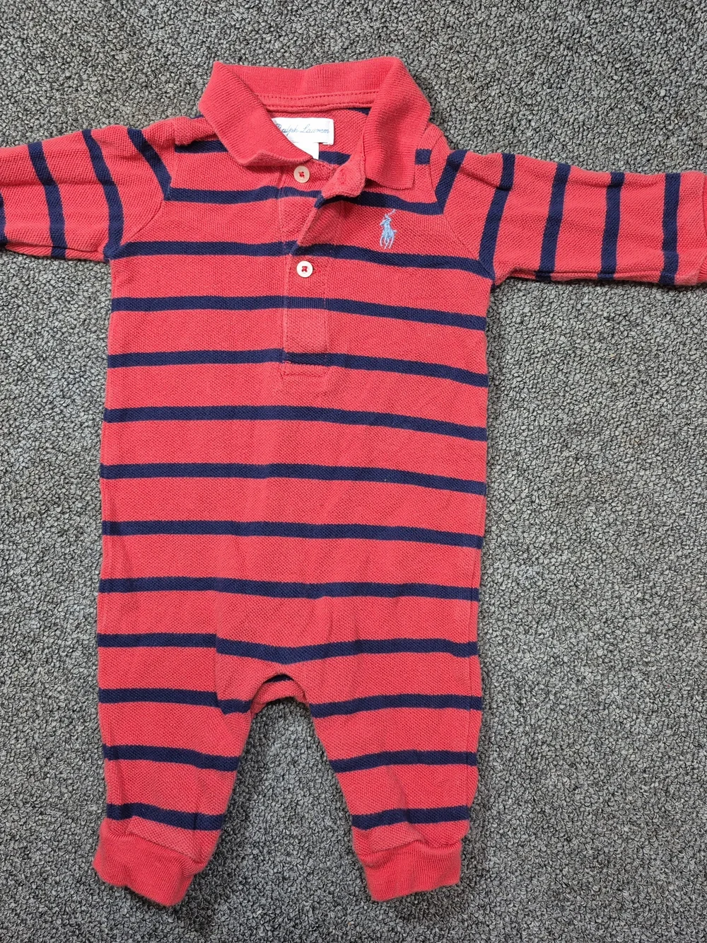 Ralph Lauren Baby Boy 3M Coral Navy Striped Long Sleeve Polo Romper One Piece